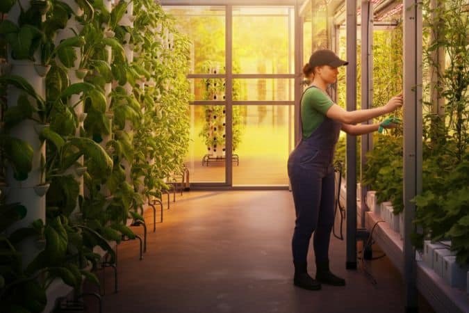 women farmer working inside a modern greenhouse